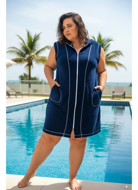 roupao plus size com ziper sem mangas marinho